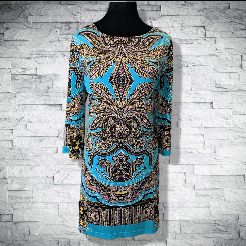 Teal Turquoise Stretch Mini Dress 3/4 Sleeves Boat Neck Flattering Fit D10 - Picture 8 of 11